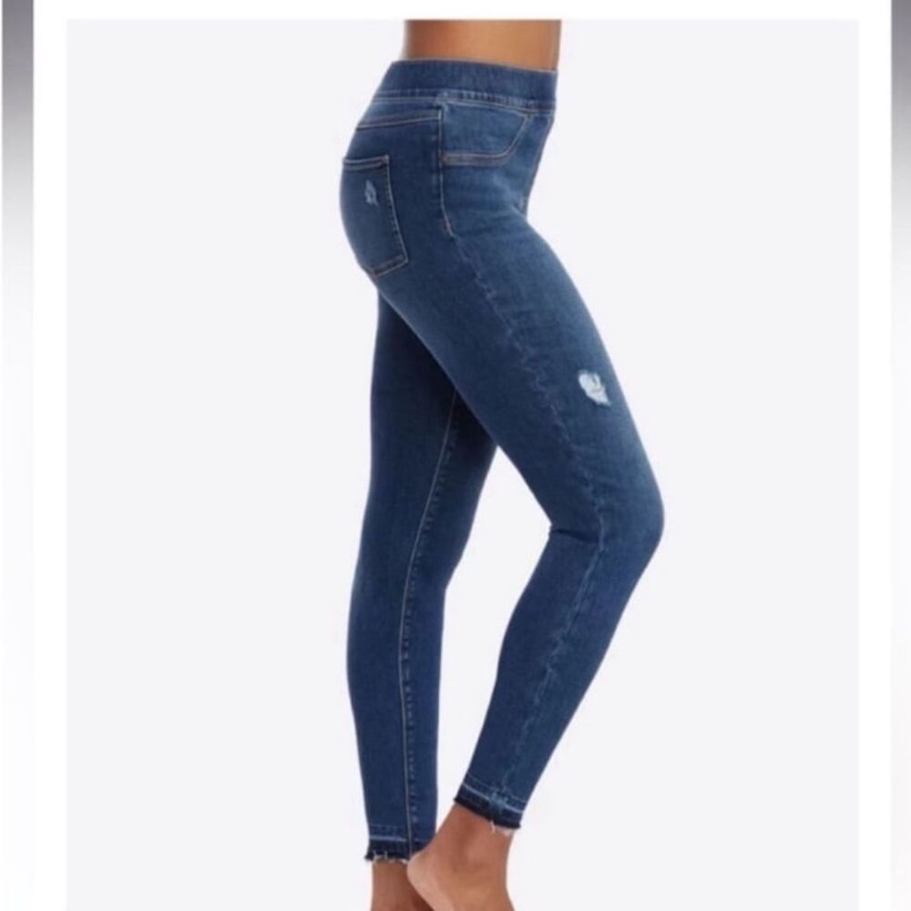 Spanx Skinny Jeans Stretch Denim Jeggings Blue Distressed Raw Hem Lift Pants M - Picture 2 of 16